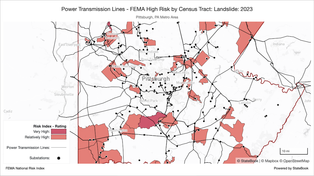 StateBook Map - Power Transmission Lines - FEMA High Risk by Census Tract - Landslide - 2023 copy