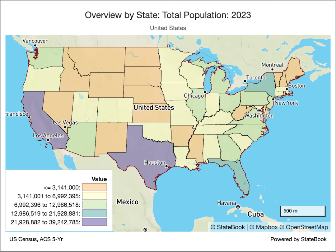 StateBook Map - Overview by State - Total Population - 2023